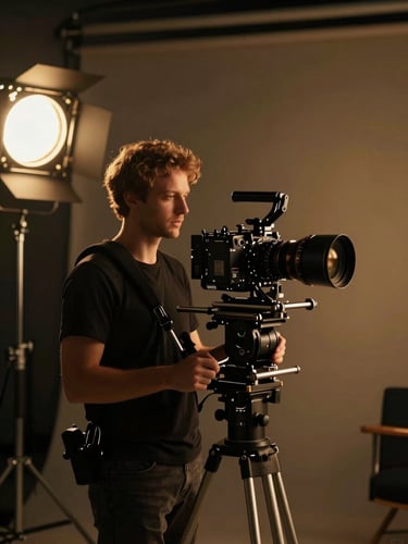 A professional director with a high-end cinema rig on a shoulder mount, golden hour rim light, low-key studio lighting, 35mm cinematic film.