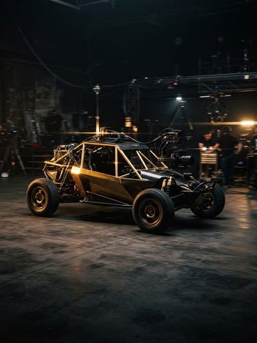 Cinematic film photography of a sleek gold tracking car moving through a dark, high-contrast studio, dramatic rim lighting, anamorphic lens.