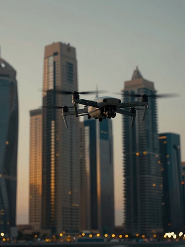 Cinematic low-angle tracking shot of a drone flying over Dubai Marina skyscrapers at twilight, city lights blurred in the background.