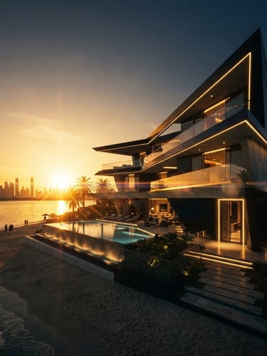 Low-angle cinematic wide shot of a futuristic luxury villa in Dubai at golden hour, sharp architectural lines, dramatic gold rim lighting, anamorphic lens flare, 35mm