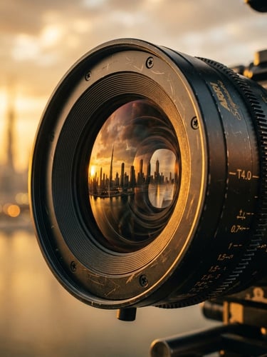Extreme close-up of a high-end anamorphic camera lens with dramatic golden hour rim light, reflections of Dubai skyline in the glass, 35mm cinematic film photography