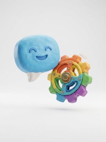 3d clay illustration of a friendly floating message bubble and a colorful gear, soft studio lighting, clean white background, smooth rounded shapes