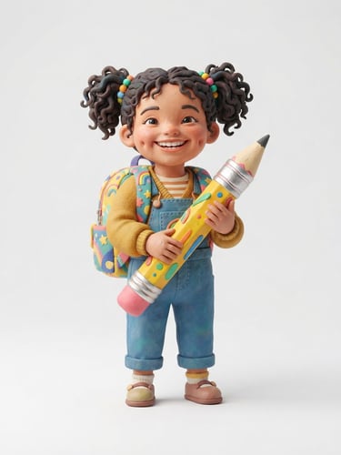 3d clay illustration of a happy child wearing a colorful backpack and holding a giant pencil, smiling warmly, soft studio lighting, clean white background