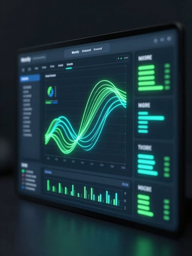 Moody 3D render of a clean software dashboard interface showing operational metrics, subtle neon green and electric blue ambient glows, low-key cinematic lighting.