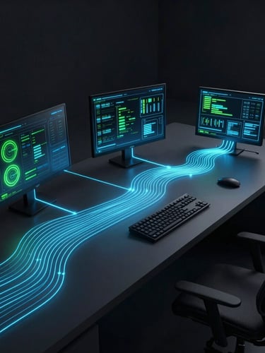Moody 3D render of a clean geometric workspace with glowing electric blue data streams connecting interfaces, dark obsidian background, cinematic low-key lighting.