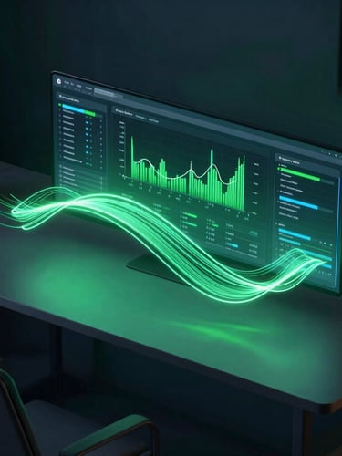 A clean overhead desk setup showing a modern software dashboard with glowing neon green data flows, moody low-key ambient lighting, 3d render style