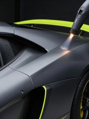 Dramatic automotive photography, dark studio lighting, close-up of a luxury sports car corner being wrapped with matte black vinyl, heat gun glow, sharp details, 85mm