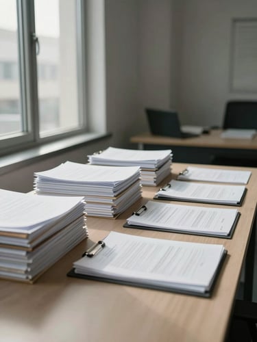 Wide-angle view of a clean, organized corporate office desk with stacked compliance folders and printed documents aligned under cool natural daylight from a tall window to the left, muted warm-gray tones, no people visible