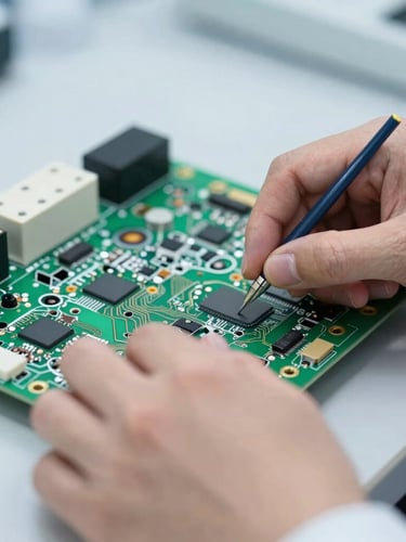 Focused hands of an engineer assembling a complex medical circuit board in a cleanroom lab, bright cool lighting, high contrast