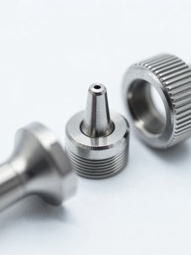 Macro photograph of surgical steel medical device components under crisp clinical lighting, high contrast desaturated tones, 50mm lens