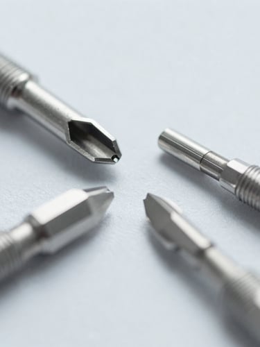 Macro photograph of surgical steel medical device components, crisp cool bright clinical lighting, high contrast desaturated tones, 50mm lens focus on metallic edges.