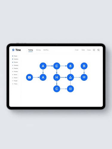Minimalist clean dashboard interface showing real-time automation workflows on a screen, electric blue accents, sharp focus, bright studio lighting