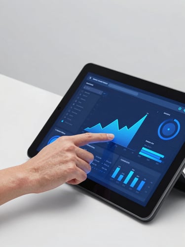 Primer plano de manos de un profesional interactuando con un panel táctil moderno que muestra gráficos de datos limpios, iluminación de estudio brillante, tonos grises y azul eléctrico.