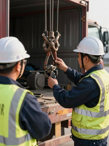 Close-up portrait of a team member in clean safety gear inspecting heavy-duty rigging on a flatbed truck, crisp early morning daylight, sharp focus.