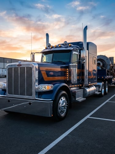 Low-angle heroic shot of a pristine, branded JONATHAN'S SON INC heavy transport truck, deep navy with amber accents, parked on a clean asphalt lot at sunrise, sharp focus, industrial editorial photography.