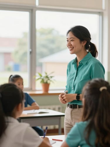 Warm editorial photography of an active elementary school classroom with natural window light, a principal smiling and talking with an instructor in a teal shirt, 35mm