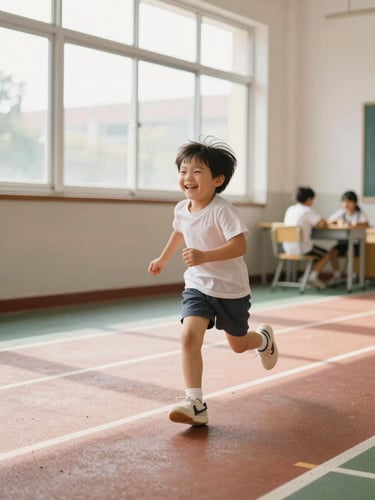 Warm editorial photography of a child laughing while running on an indoor school track, natural gym window light, bright authentic colors, shallow depth of field, 35mm