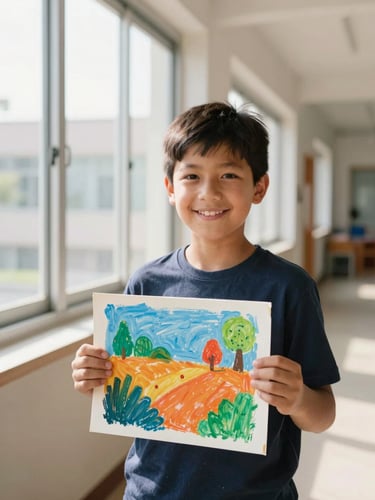 Warm editorial photography of a smiling boy in a school hallway holding a colorful painting, natural window light, bright authentic colors, shallow depth of field, 35mm