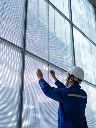 A professional engineer calibrating a large transparent LED screen in a modern architectural space, soft natural light, detailed view of the screen transparency, 35mm