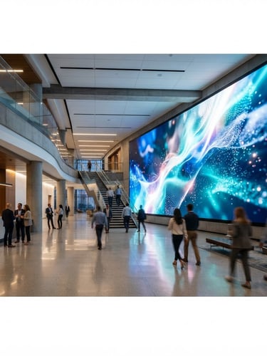 Wide architectural shot of a modern corporate lobby with a massive seamless LED video wall displaying abstract flowing art, sharp focus, 35mm