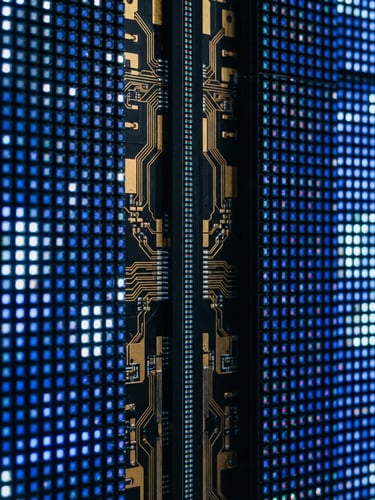 Close-up of a high-definition LED panel seam, showing micro-diodes and gold wiring under clean architectural studio lighting, 35mm