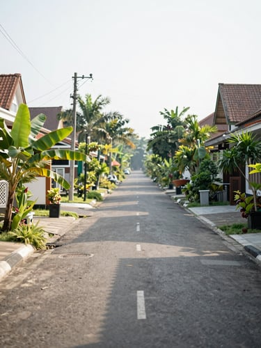 Warm environmental photography of a peaceful Indonesian residential street in Sumedang, bright morning daylight, clean paved roads with green plants