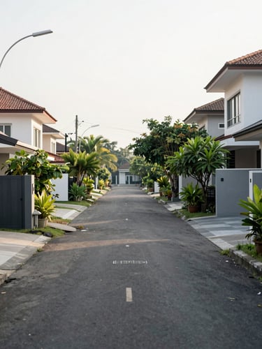 Straight-on medium shot of a clean Indonesian residential street with modern houses, warm morning daylight, soft green foliage