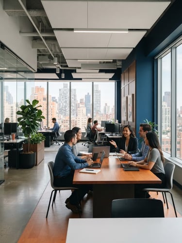 Crisp editorial photograph of a modern corporate office interior with clean architectural lines, natural daylight pouring through large windows, deep blue accents, 50mm lens
