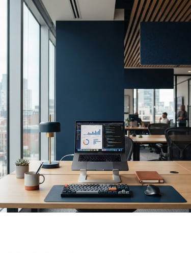 Crisp editorial photography of a modern office environment, focus on a clean architectural workspace with natural daylight, deep blue tones and subtle orange accents, 50mm lens.