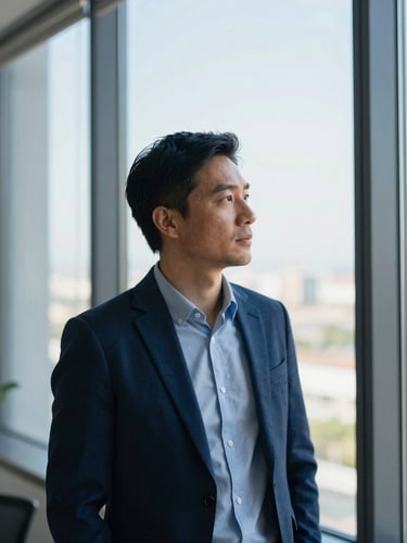 Crisp editorial portrait of a focused professional looking out a large office window, bright natural daylight, deep blue tones, 50mm lens