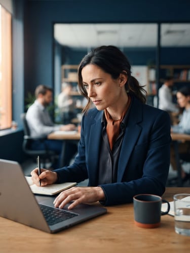 Crisp editorial portrait of a focused professional in natural office daylight, deep blue tones, 50mm lens