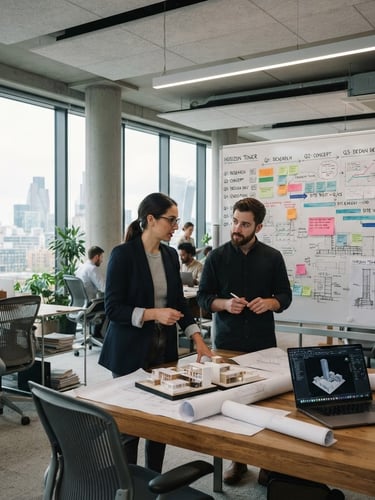 Crisp editorial photography of a modern structured office with natural daylight, architectural lines, a detailed project timeline on a whiteboard in the background, professional 50mm lens.