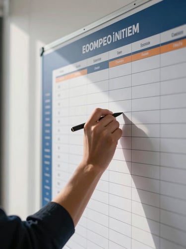 Tight environmental detail shot of a professional workspace, hands writing on a large project timeline board under natural window light, 50mm lens
