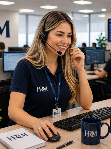 Smiling HRM customer support representative with headset working at a computer in a modern office call center.
