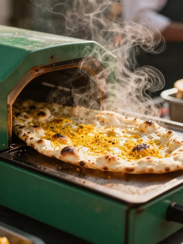 Close-up of a chef preparing fresh naan bread in a portable tandoor oven at a live cooking station, steam rising, warm editorial light, 35mm lens, rich saffron and deep green tones.