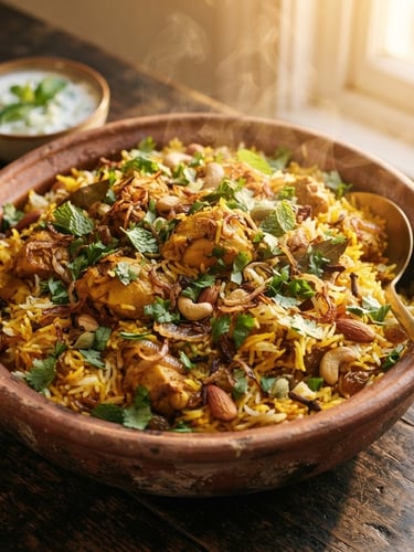 Wide panoramic shot of saffron-infused biryani, steam gently rising, garnished with fresh cilantro and fried onions, warm golden-hour side light, rich saturated saffron and deep green tones, 35mm lens, tight crop