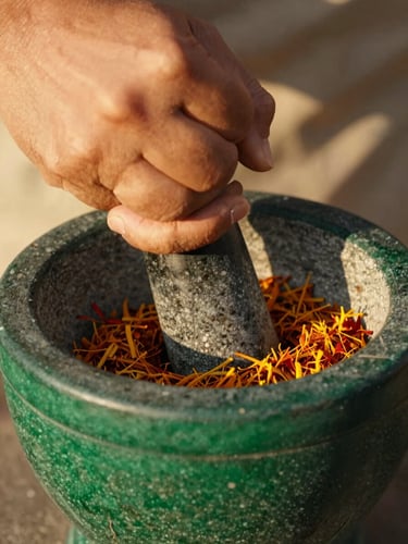 Close-up of hands grinding whole spices in a traditional mortar and pestle, soft golden-hour side light, rich saturated saffron and deep green tones, 35mm lens
