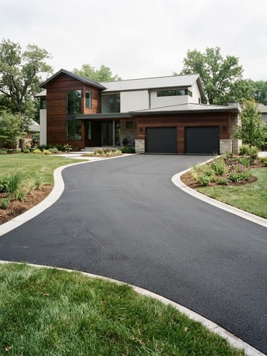 Wide panoramic shot of a newly completed, clean asphalt driveway with sharp edges, bright overcast daylight, a modern house in the background, 35mm.