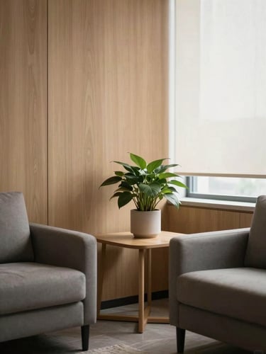 A serene, modern office consultation room, warm wood textures, a soft green plant on a side table, diffused window light creating a peaceful atmosphere.