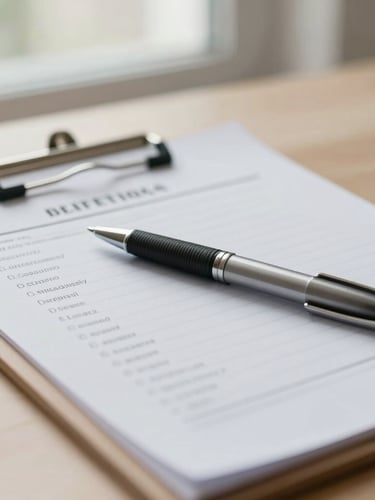 Close-up of clinical assessment paperwork on a wooden clipboard, a professional pen resting on the page, soft natural lighting.