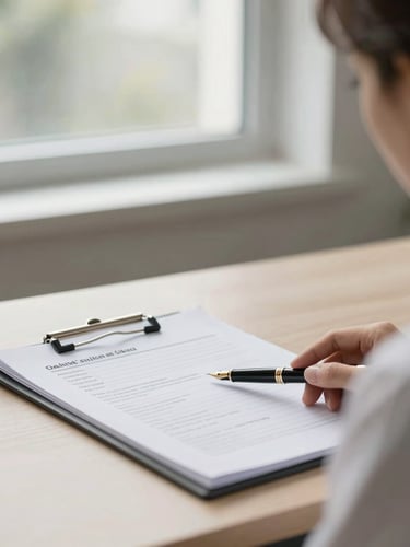 A clean, professional consultation office with soft window light, a fountain pen resting on a folder of clinical intake papers, shallow depth of field.