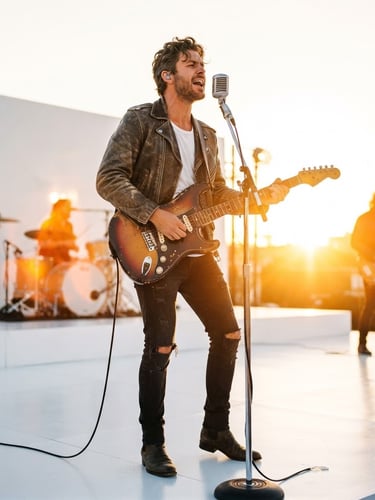 Low-angle dynamic performance shot of a musical artist on a clean white stage, bathed in brilliant golden-hour sunlight and warm stage flares, 35mm lens