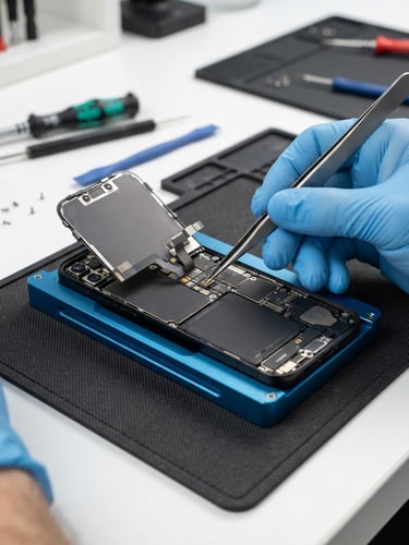 A clean, bright workspace with a technician's hands carefully replacing a smartphone screen using precise tools, macro lens focus