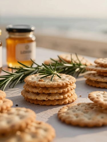 Close-up of a beautifully styled grazing table with artisanal crackers, fresh rosemary, and local honey jars under warm afternoon light, shallow depth of field