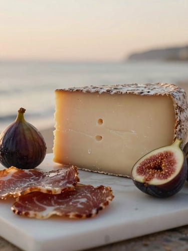 Close-up macro shot of textured artisanal cheeses, glistening cured meats, and fresh figs on a white marble slab, soft coastal golden-hour light, 35mm