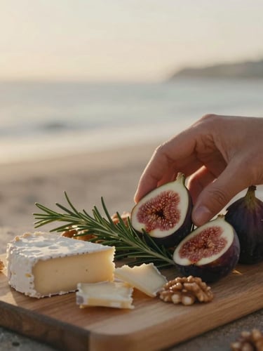 Overhead close-up of hands placing fresh figs and rosemary on a walnut cheese board, soft golden-hour coastal light, shallow depth of field