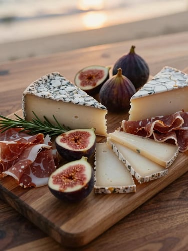 Close-up overhead flat-lay of an artisanal cheese board with cured meats, fresh figs, and rosemary sprigs on a warm walnut wood table, soft coastal golden-hour light, 35mm