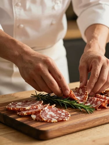 Close-up of a professional chef's hands carefully arranging artisan charcuterie and fresh rosemary on a dark walnut board, warm indoor lighting, shallow depth of field