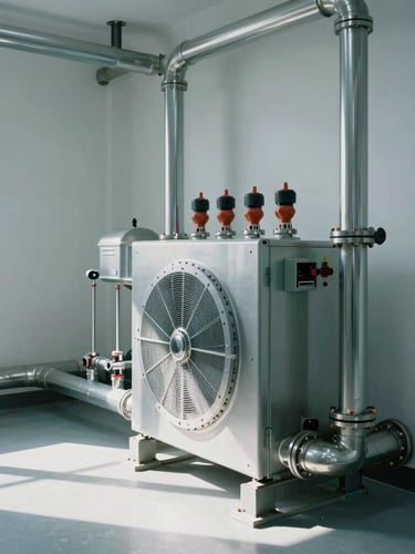 Inside a clean, highly organized commercial utility room. Polished steel pipes and advanced heat exchangers under crisp, cool daylight with sharp shadows.
