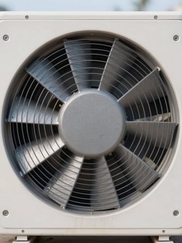 Macro architectural close-up of a high-efficiency heat pump fan, clean metallic and slate gray tones, sharp focus under bright cool daylight.